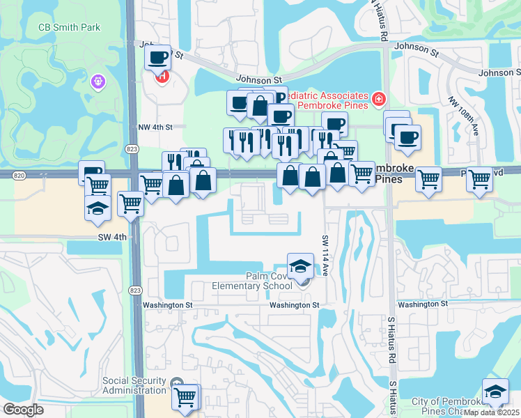 map of restaurants, bars, coffee shops, grocery stores, and more near 11601 Southwest 2nd Street in Pembroke Pines