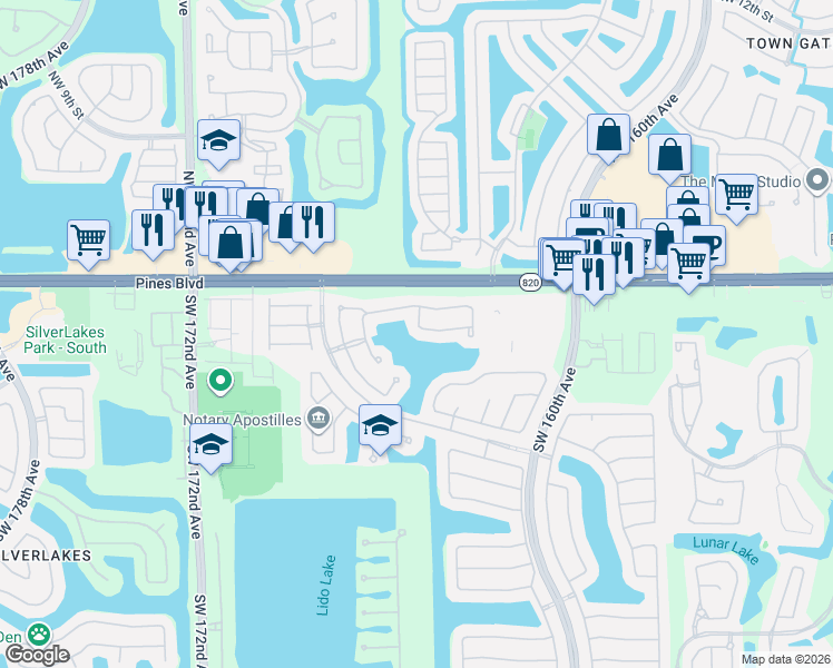 map of restaurants, bars, coffee shops, grocery stores, and more near 122 Southwest 164th Terrace in Pembroke Pines