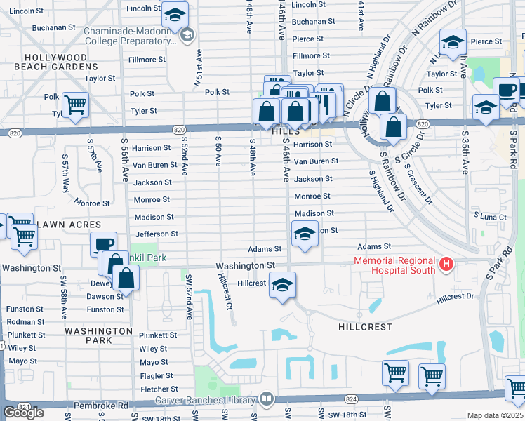 map of restaurants, bars, coffee shops, grocery stores, and more near 4730 Madison Street in Hollywood