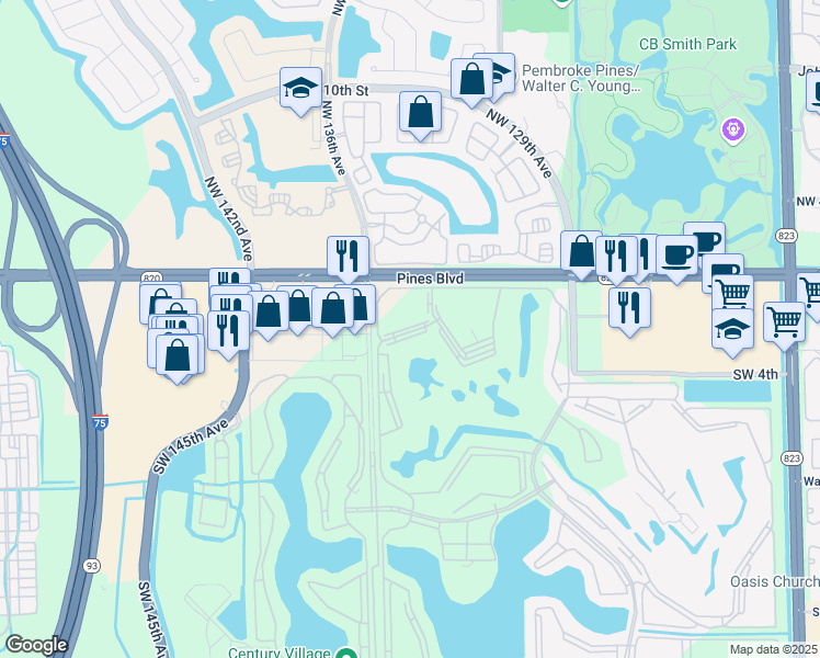 map of restaurants, bars, coffee shops, grocery stores, and more near 13450 Southwest 3rd Street in Pembroke Pines