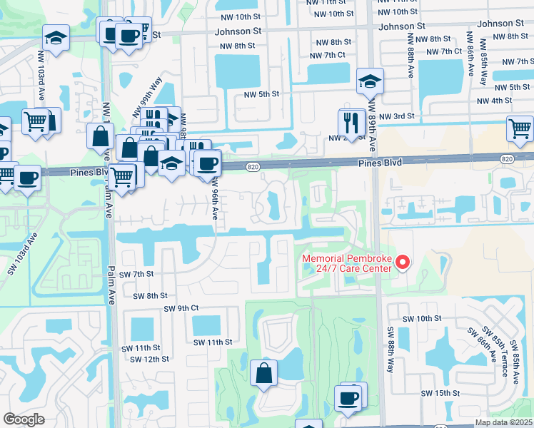 map of restaurants, bars, coffee shops, grocery stores, and more near 400 Palm Way in Pembroke Pines