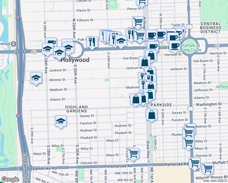 map of restaurants, bars, coffee shops, grocery stores, and more near 2324 Madison Street in Hollywood