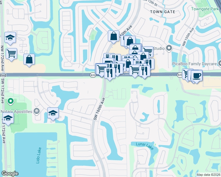 map of restaurants, bars, coffee shops, grocery stores, and more near 165 Southwest 160th Avenue in Pembroke Pines