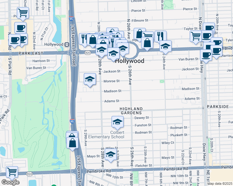 map of restaurants, bars, coffee shops, grocery stores, and more near 2650 Madison Street in Hollywood