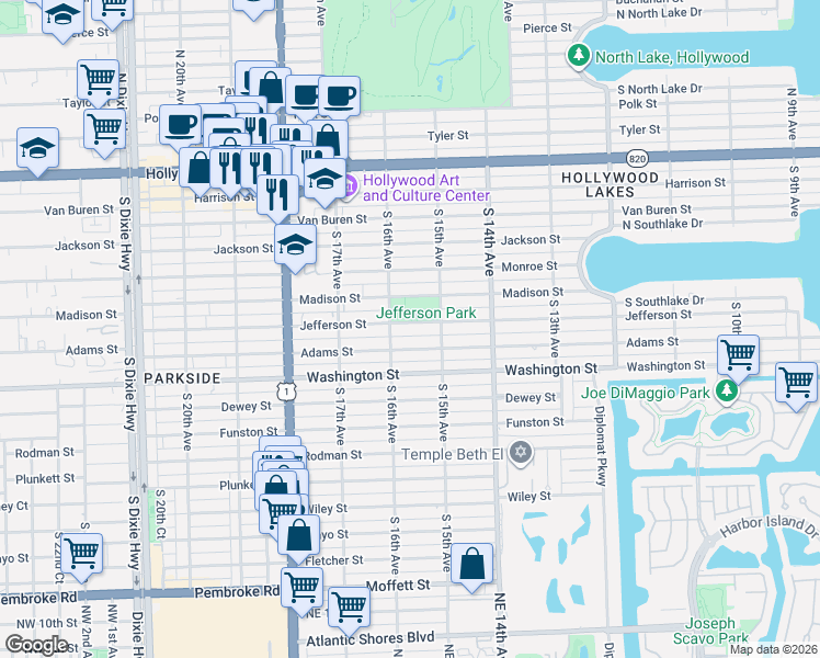 map of restaurants, bars, coffee shops, grocery stores, and more near 1517 Adams Street in Hollywood