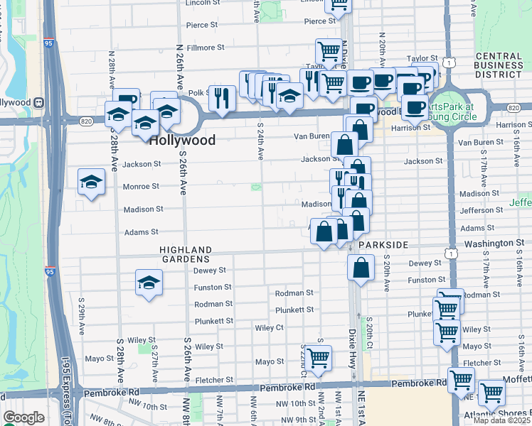 map of restaurants, bars, coffee shops, grocery stores, and more near 617 South 24th Avenue in Hollywood