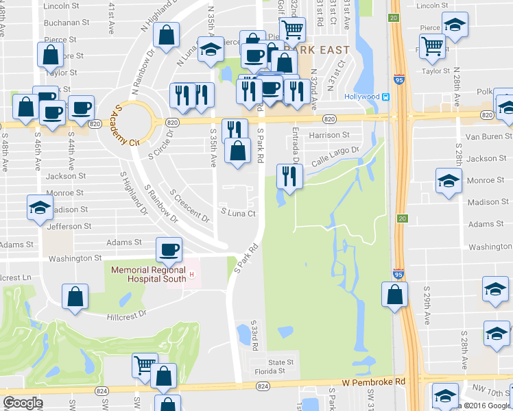 map of restaurants, bars, coffee shops, grocery stores, and more near 620 South Park Road in Hollywood