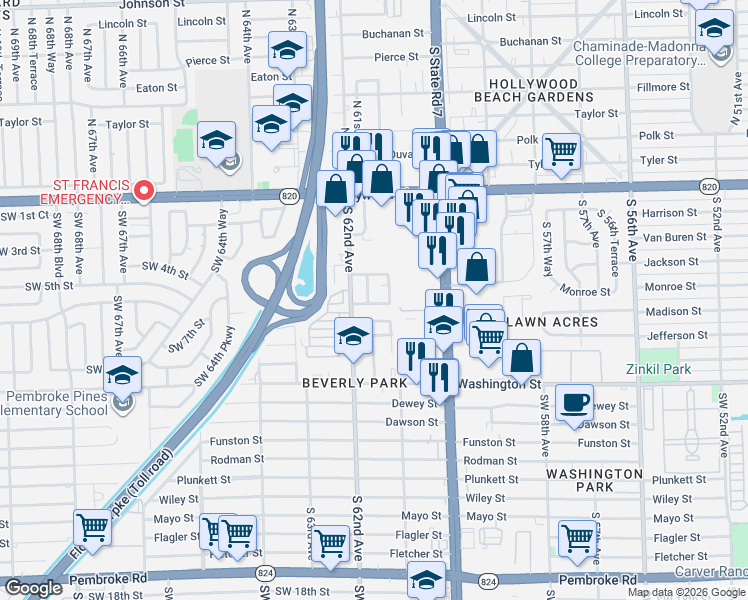map of restaurants, bars, coffee shops, grocery stores, and more near 6136 Monroe Street in Hollywood
