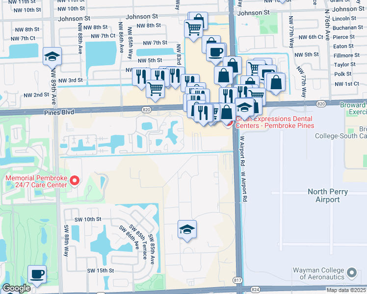 map of restaurants, bars, coffee shops, grocery stores, and more near 8311 Southwest 5th Street in Pembroke Pines