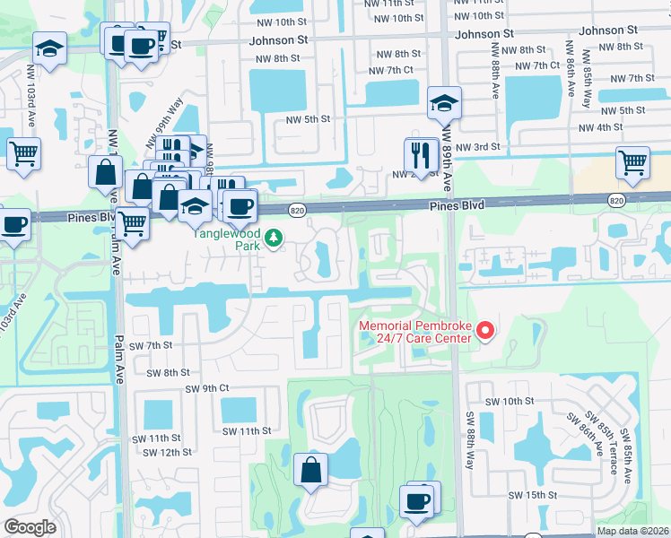map of restaurants, bars, coffee shops, grocery stores, and more near 9453 Palm Circle East in Pembroke Pines