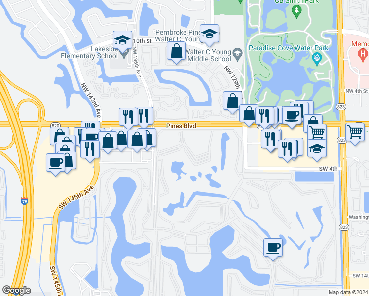 map of restaurants, bars, coffee shops, grocery stores, and more near 251 Southwest 134th Way in Pembroke Pines