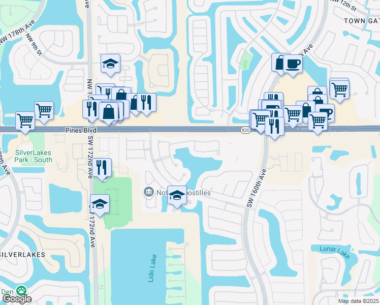map of restaurants, bars, coffee shops, grocery stores, and more near 122 Southwest 164th Terrace in Pembroke Pines