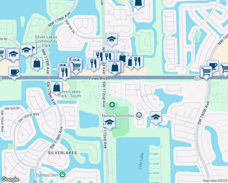 map of restaurants, bars, coffee shops, grocery stores, and more near 201 Southwest 172nd Avenue in Pembroke Pines