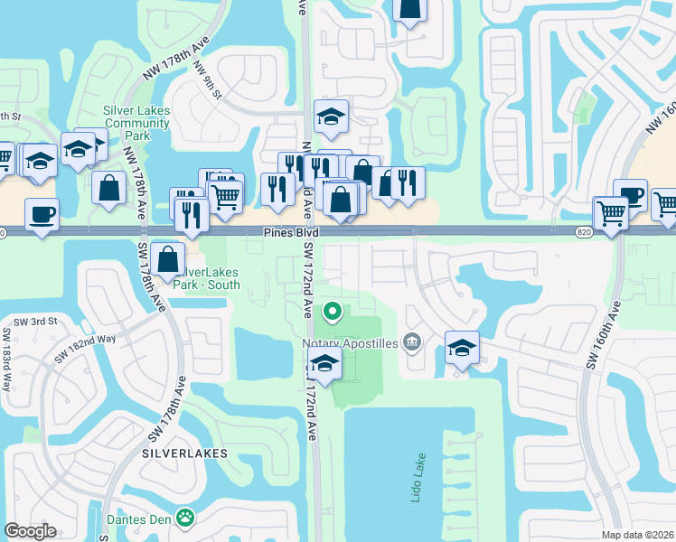 map of restaurants, bars, coffee shops, grocery stores, and more near 201 Southwest 172nd Avenue in Pembroke Pines