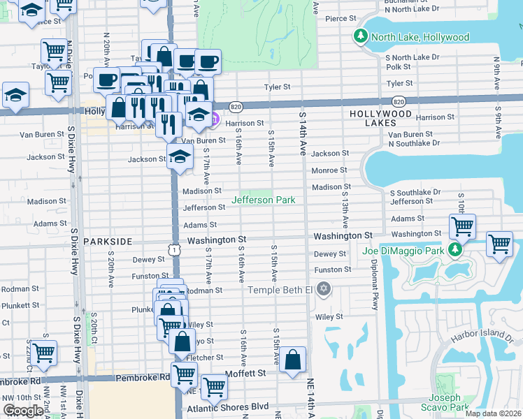map of restaurants, bars, coffee shops, grocery stores, and more near 1516 Jefferson Street in Hollywood