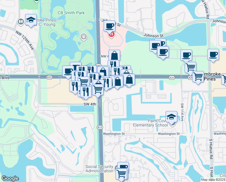 map of restaurants, bars, coffee shops, grocery stores, and more near 11940 Pines Boulevard in Pembroke Pines