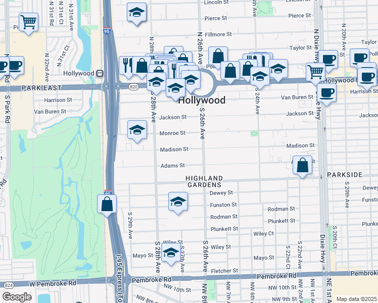 map of restaurants, bars, coffee shops, grocery stores, and more near 2619 Adams Street in Hollywood