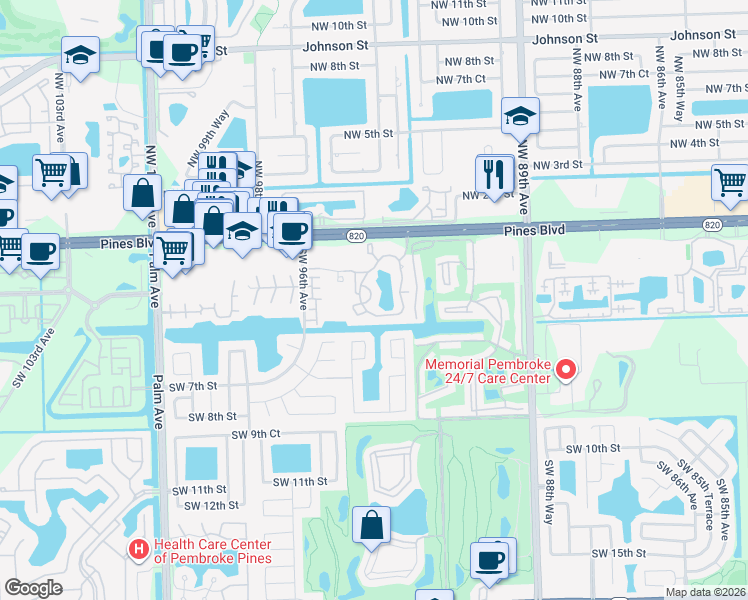 map of restaurants, bars, coffee shops, grocery stores, and more near 351 Palm Way in Pembroke Pines