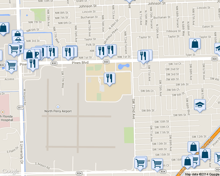 map of restaurants, bars, coffee shops, grocery stores, and more near 7200 Pines Boulevard in Pembroke Pines