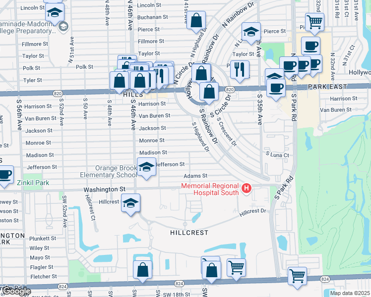 map of restaurants, bars, coffee shops, grocery stores, and more near 4200 Madison Street in Hollywood