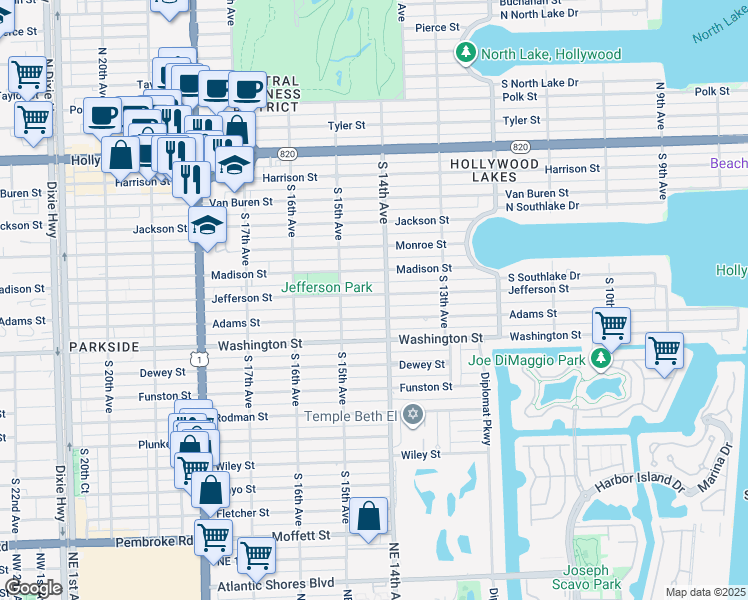 map of restaurants, bars, coffee shops, grocery stores, and more near 1433 Adams Street in Hollywood