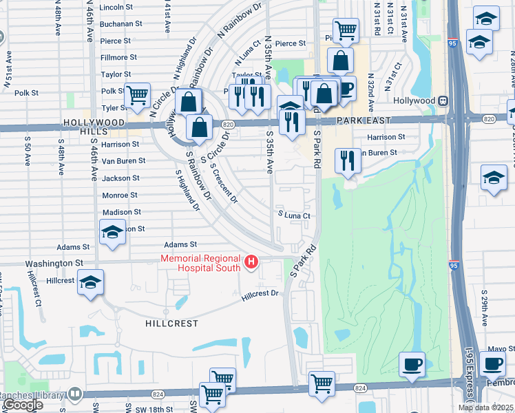 map of restaurants, bars, coffee shops, grocery stores, and more near 617 South Crescent Drive in Hollywood