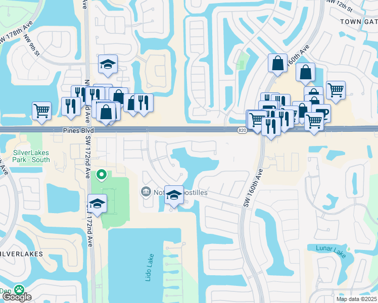 map of restaurants, bars, coffee shops, grocery stores, and more near 122 Southwest 164th Terrace in Pembroke Pines