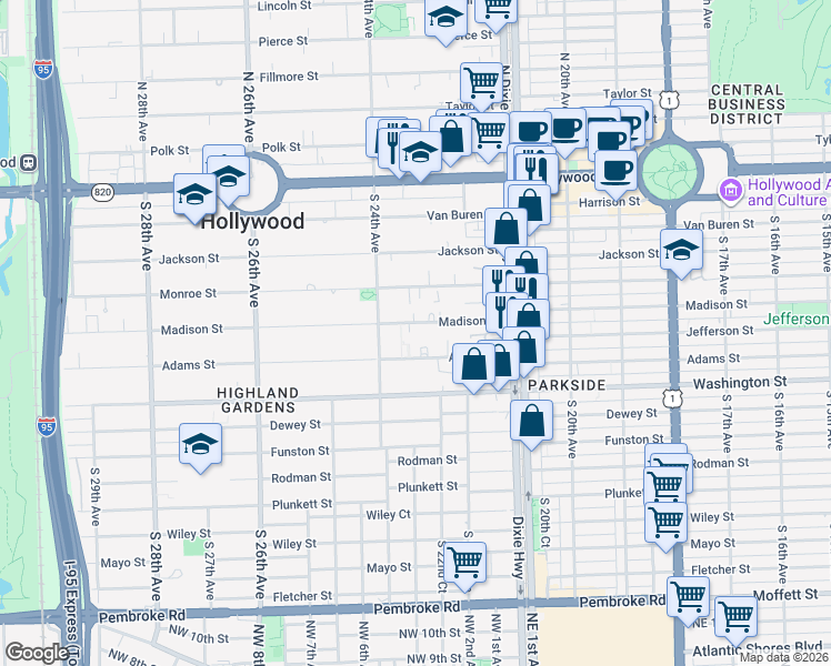 map of restaurants, bars, coffee shops, grocery stores, and more near 2243 Adams Street in Hollywood