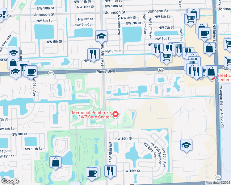map of restaurants, bars, coffee shops, grocery stores, and more near 8713 Southwest 5th Street in Pembroke Pines