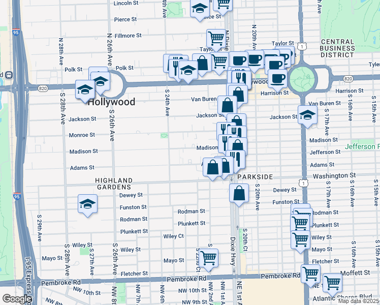 map of restaurants, bars, coffee shops, grocery stores, and more near 2243 Adams Street in Hollywood