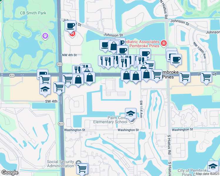 map of restaurants, bars, coffee shops, grocery stores, and more near 11601 Southwest 2nd Street in Pembroke Pines