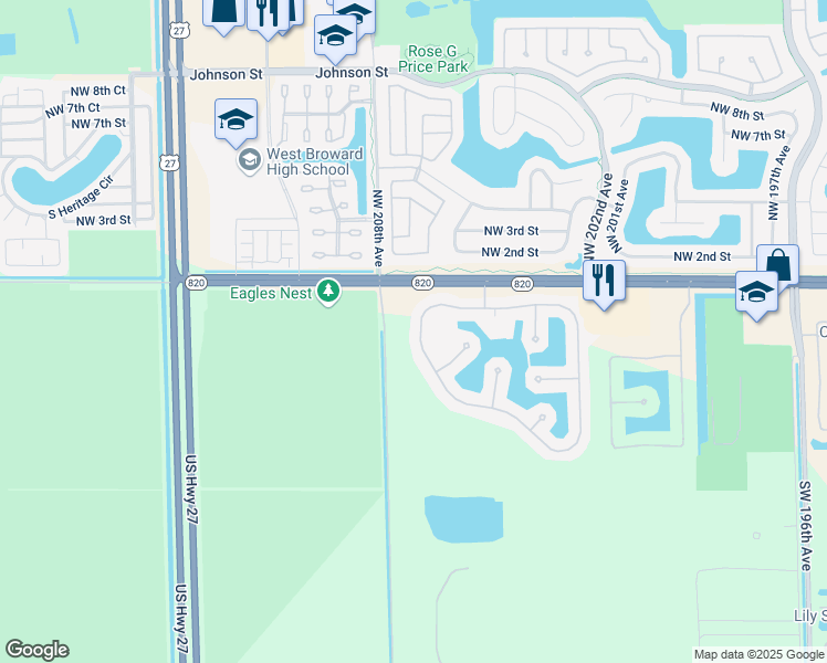 map of restaurants, bars, coffee shops, grocery stores, and more near 142 Southwest 206th Avenue in Pembroke Pines