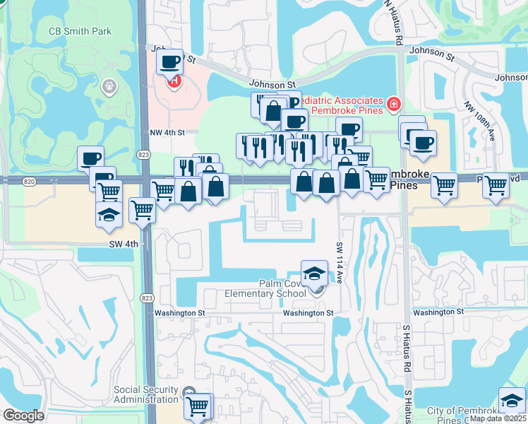 map of restaurants, bars, coffee shops, grocery stores, and more near 11601 Southwest 2nd Street in Pembroke Pines