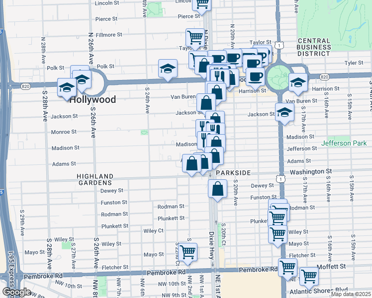 map of restaurants, bars, coffee shops, grocery stores, and more near 2205 Adams Street in Hollywood