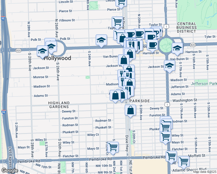 map of restaurants, bars, coffee shops, grocery stores, and more near 2205 Adams Street in Hollywood