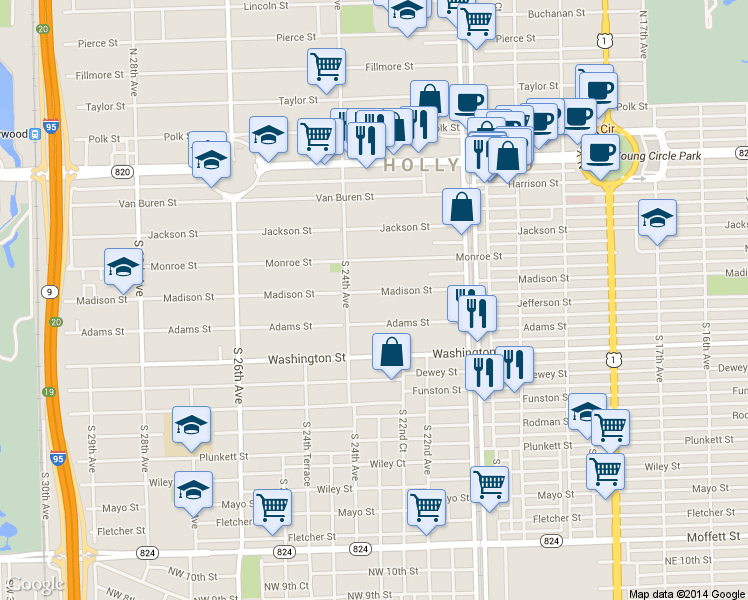 map of restaurants, bars, coffee shops, grocery stores, and more near 2243 Adams Street in Hollywood