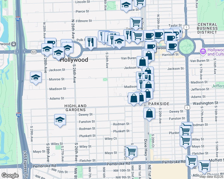map of restaurants, bars, coffee shops, grocery stores, and more near 617 South 24th Avenue in Hollywood