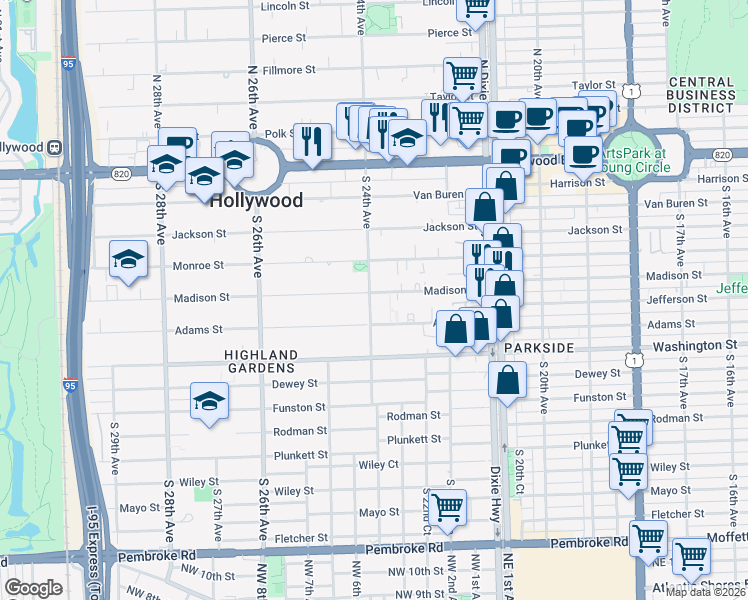map of restaurants, bars, coffee shops, grocery stores, and more near 617 South 24th Avenue in Hollywood
