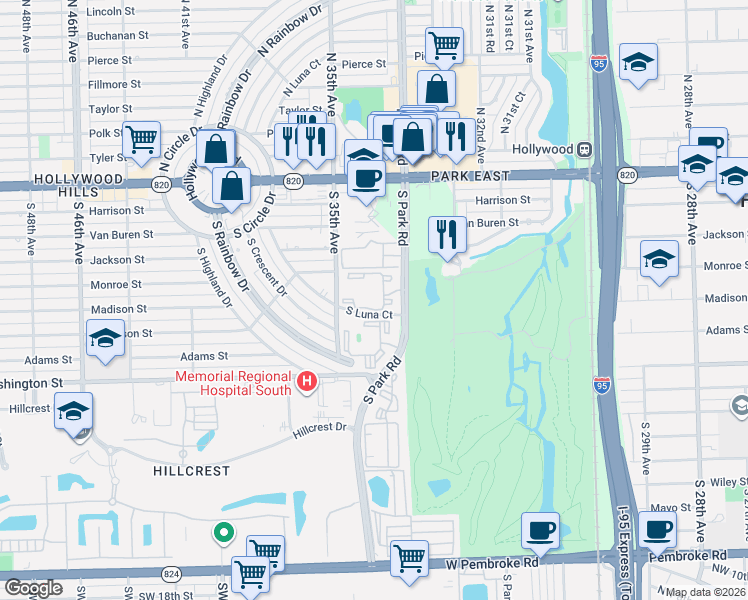 map of restaurants, bars, coffee shops, grocery stores, and more near 620 South Park Road in Hollywood