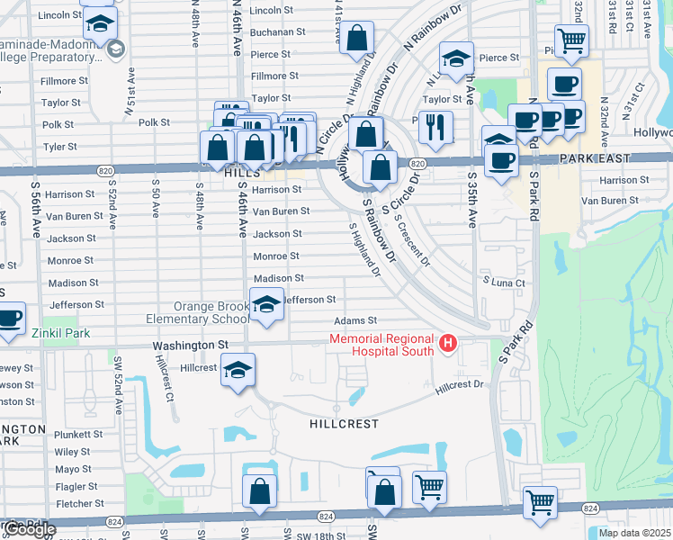 map of restaurants, bars, coffee shops, grocery stores, and more near 4200 Madison Street in Hollywood