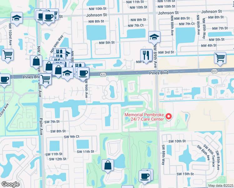 map of restaurants, bars, coffee shops, grocery stores, and more near 9453 Palm Circle East in Pembroke Pines