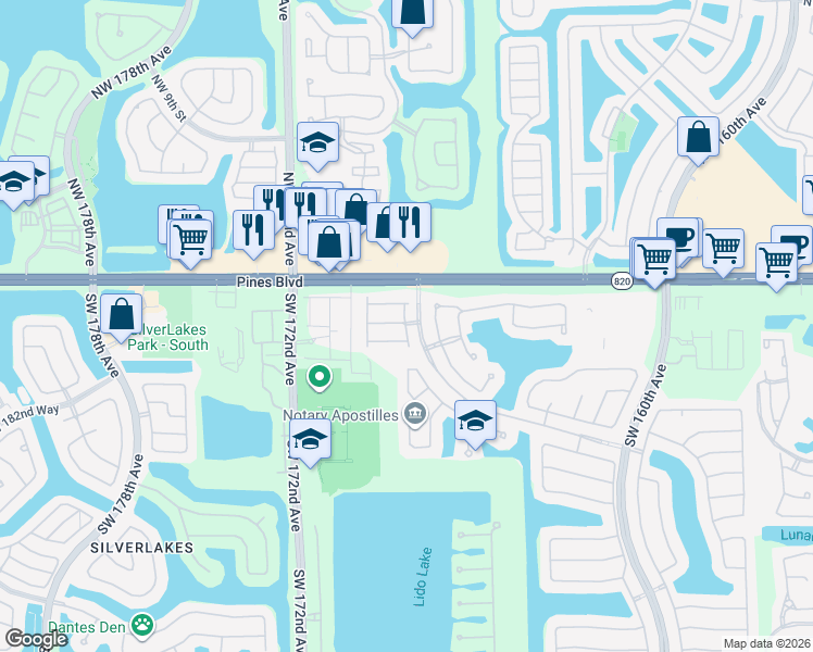 map of restaurants, bars, coffee shops, grocery stores, and more near 143 Southwest 168th Terrace in Pembroke Pines