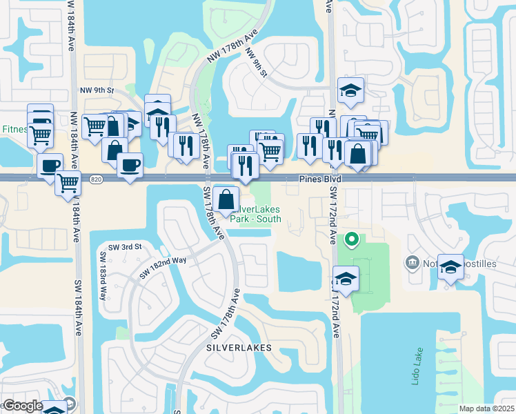 map of restaurants, bars, coffee shops, grocery stores, and more near 17601 Southwest 2nd Street in Pembroke Pines