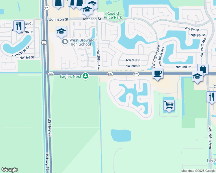 map of restaurants, bars, coffee shops, grocery stores, and more near 142 Southwest 206th Avenue in Pembroke Pines