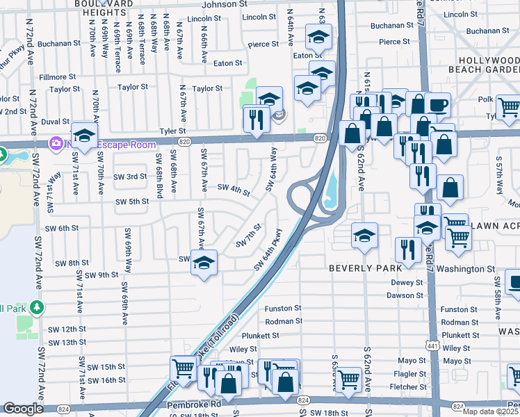 map of restaurants, bars, coffee shops, grocery stores, and more near 521 Southwest 64th Way in Pembroke Pines