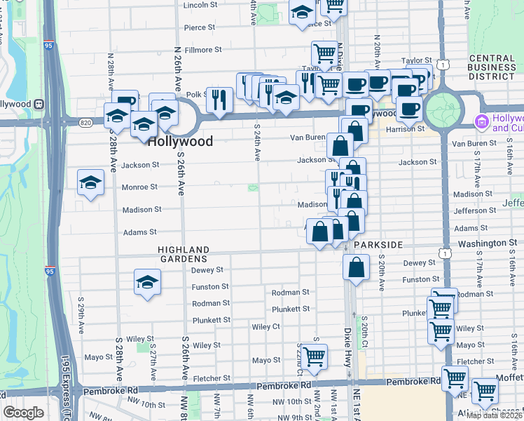 map of restaurants, bars, coffee shops, grocery stores, and more near 617 South 24th Avenue in Hollywood