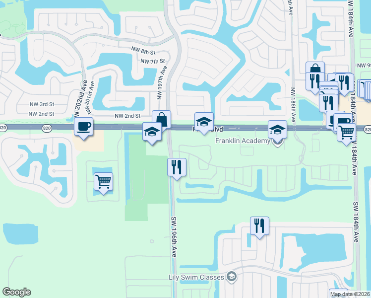 map of restaurants, bars, coffee shops, grocery stores, and more near 317 Southwest 195th Avenue in Pembroke Pines