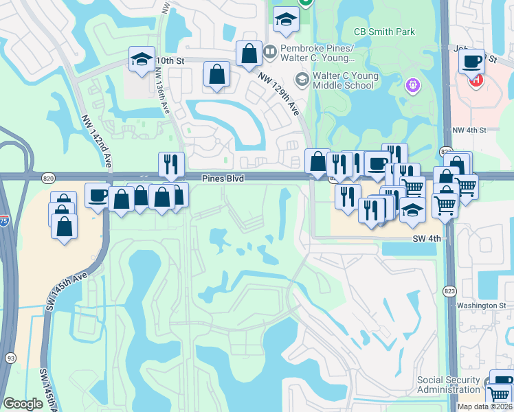 map of restaurants, bars, coffee shops, grocery stores, and more near 251 Southwest 132nd Way in Pembroke Pines