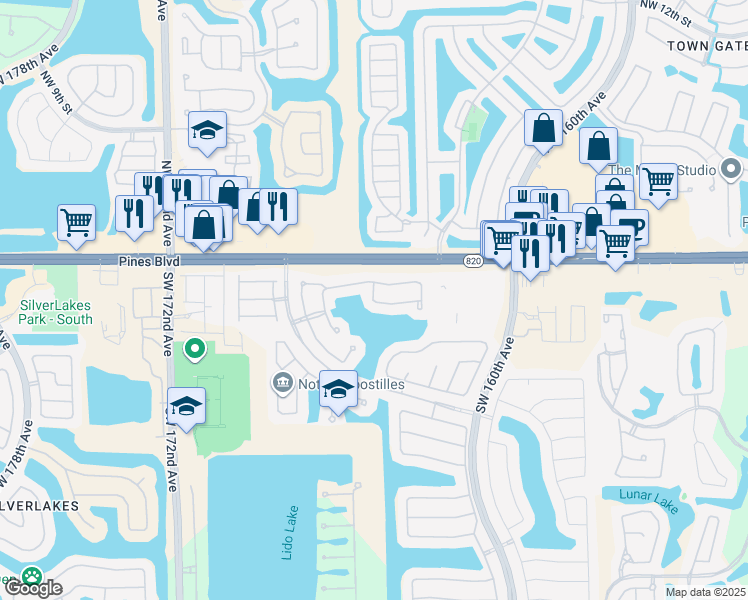 map of restaurants, bars, coffee shops, grocery stores, and more near 16498 Southwest 1st Court in Pembroke Pines