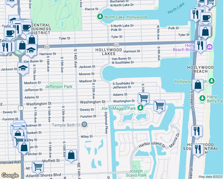 map of restaurants, bars, coffee shops, grocery stores, and more near 725 South 12th Avenue in Hollywood